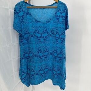 Fresh Produce Womens Patterned Top Size XXL Round Neck Asymmetrical Hem Blue